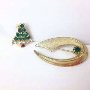 Vintage Lot of 2 Green Rhinestone Pins Christmas